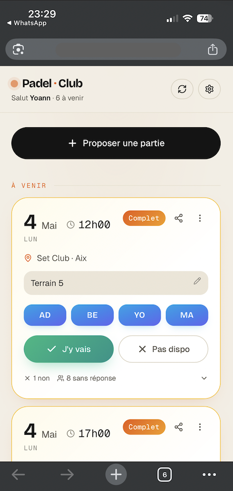 Padel Club — vue des parties à venir
