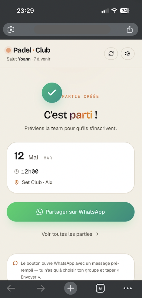 Padel Club — partie créée, partager via WhatsApp